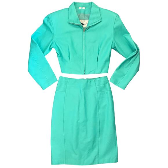 yucatan bay Dresses & Skirts - Vintage 80s Yucatan Bay Teal 2 Piece Leather Mini Skirt Jacket Matching Suit Set